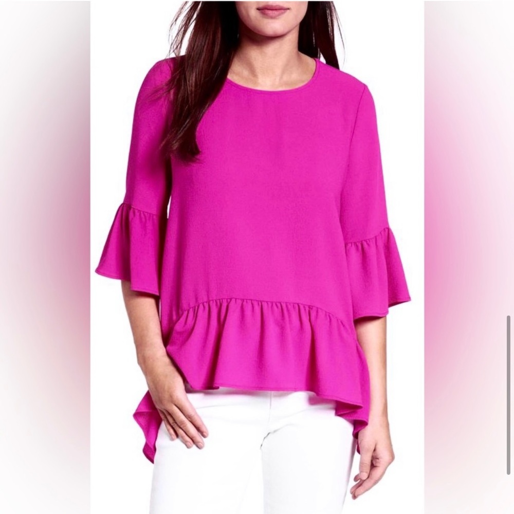 GIBSON XL Nordstrom Hot Pink Ruffle Handkerchief Hem Neon Berry Gauzy Blouse